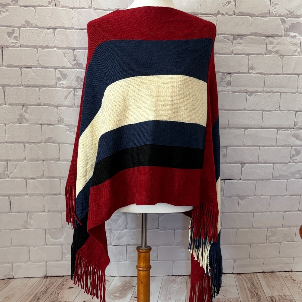 NWT Striped Red, Blue, Black, and Cream Fringe Poncho